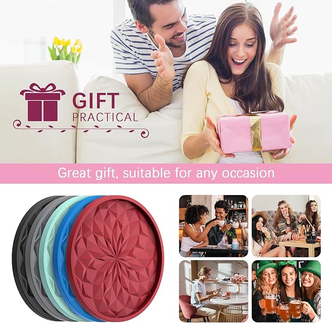 ME.FAN Silicone Coasters with Holder,[6 Pack] Drinking Coasters - Cup Mat for Hot or Cold Drinks, Thickened, Non-Slip, Non-stick,Deep Tray Ether