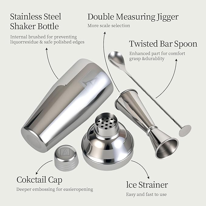 24oz Cocktail Shaker Set with 1 oz 2oz Jigger - Monogramm Initials Martini Shaker Set - 304 Stainless Steel Bar Shaker for Margarita,Mojito-Personalized Gift for Friend,Husband-U
