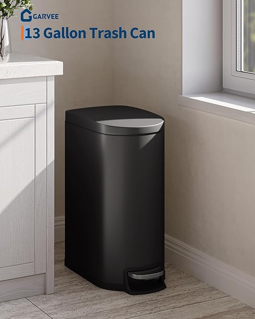 GarveeHome 13 Gal / 50 L Stainless Steel Kitchen Trash Can with Lid, Slim Step-On Garbage Bin, Large Rustproof Metal Trash Can with Soft Close, Inner Bucket & Rear Handle, Black