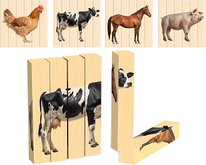 Wooden Animal Chunky Puzzles for Toddlers 2+ Years - Montessori 4 in 1 Farm Animal Block Puzzle Toy