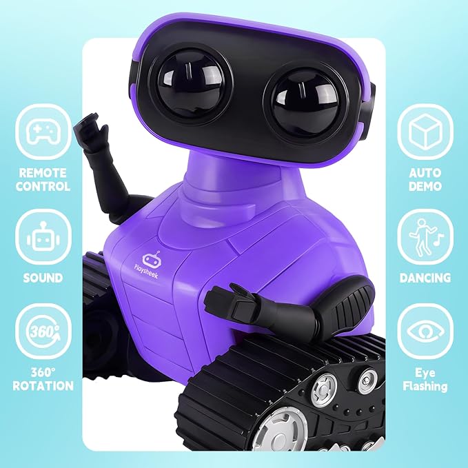 Playsheek Rechargeable Emo Robot with Auto-Demonstration - Remote Control Smart Robot Toy Gift for Kids Age 3+ - Purple