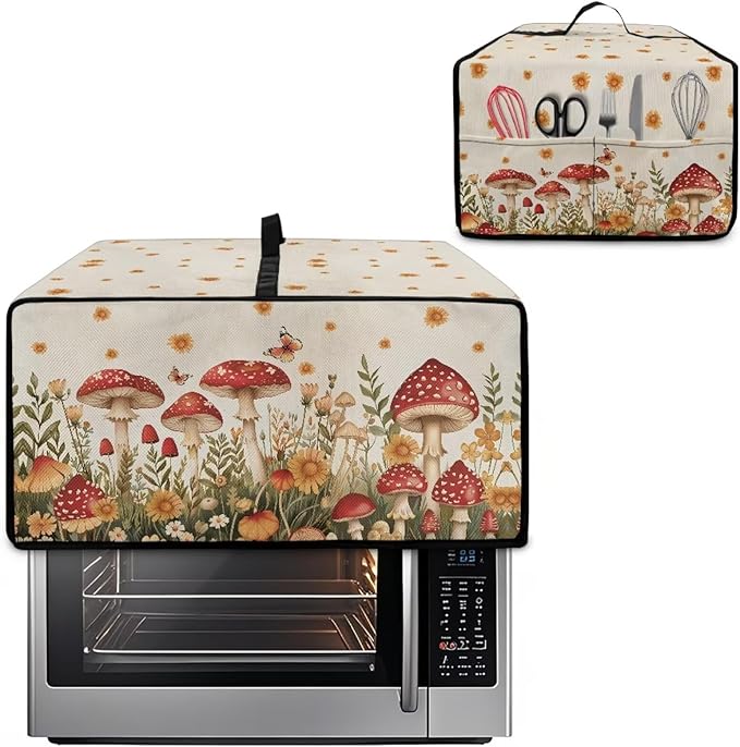 Air Fryer Toaster Oven Cover Fabric Convection Oven Cover with Pockets, Washable Small Appliance Dust Protection for Kitchen Home, S, 14.5 x 18.5 x 9 Inches, Mushroom Floral