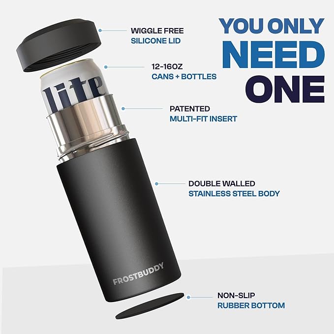 Frost Buddy Universal Buddy Can Cooler - Fits All - For Regular 12 & 16 oz or Slim-Size Bottles - Insulated Double-Walled Stainless Steel