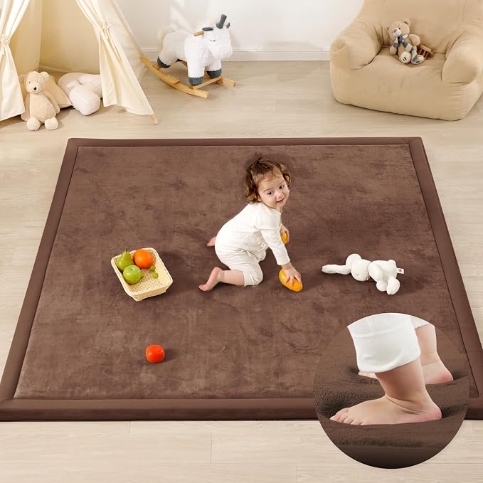1.3" Thick Baby Play Mat for Floor Playpen, 71x79 Large Foam Tummy Time Mat, Padded Support Soft Plush Nursery Rug for Infant Kids Toddler Crawling Kick Activity (Chocolate Brown)