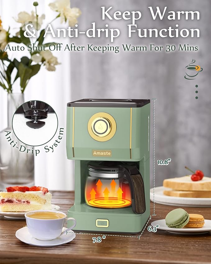 Amaste Drip Coffee Maker, Coffee Machine with 25 Oz Glass Coffee Pot, Retro Style Coffee Maker with Reusable Filter & Three Brewing Modes, Warming Plate, Matcha Green