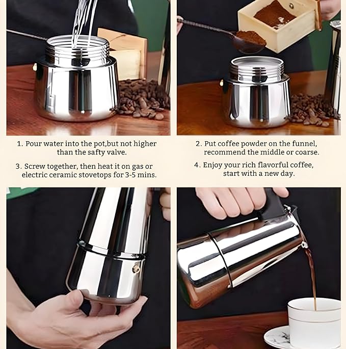 Stainless Steel Moka Pot Espresso Maker,Stovetop Moka Pot, Percolator Coffee Pot,Italian Coffee Maker,Cuban Café Brewing,Greca Coffee Maker (6 CUP)