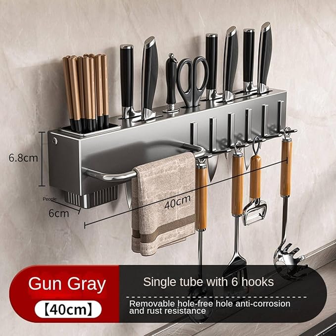 New Multi-Functional Kitchen Rack Home Wall-Mounted Knives Chopstick and Spoon Storage Rack Punch-Free cookware draining Rack, 40, Black