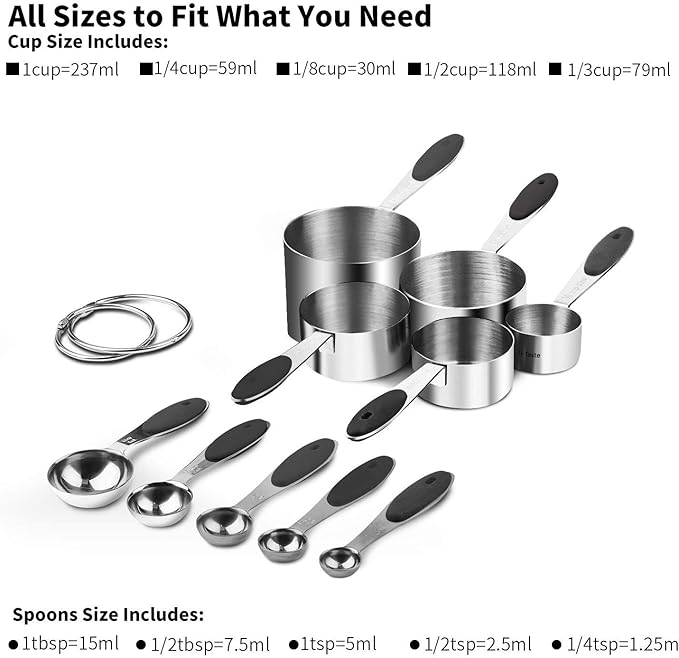 U-Taste 18/8 Stainless Steel Measuring Cups and Spoons Set of 10, and 18/8 Stainless Steel Square Measuring Spoons Set of 8 (Black+Silver)