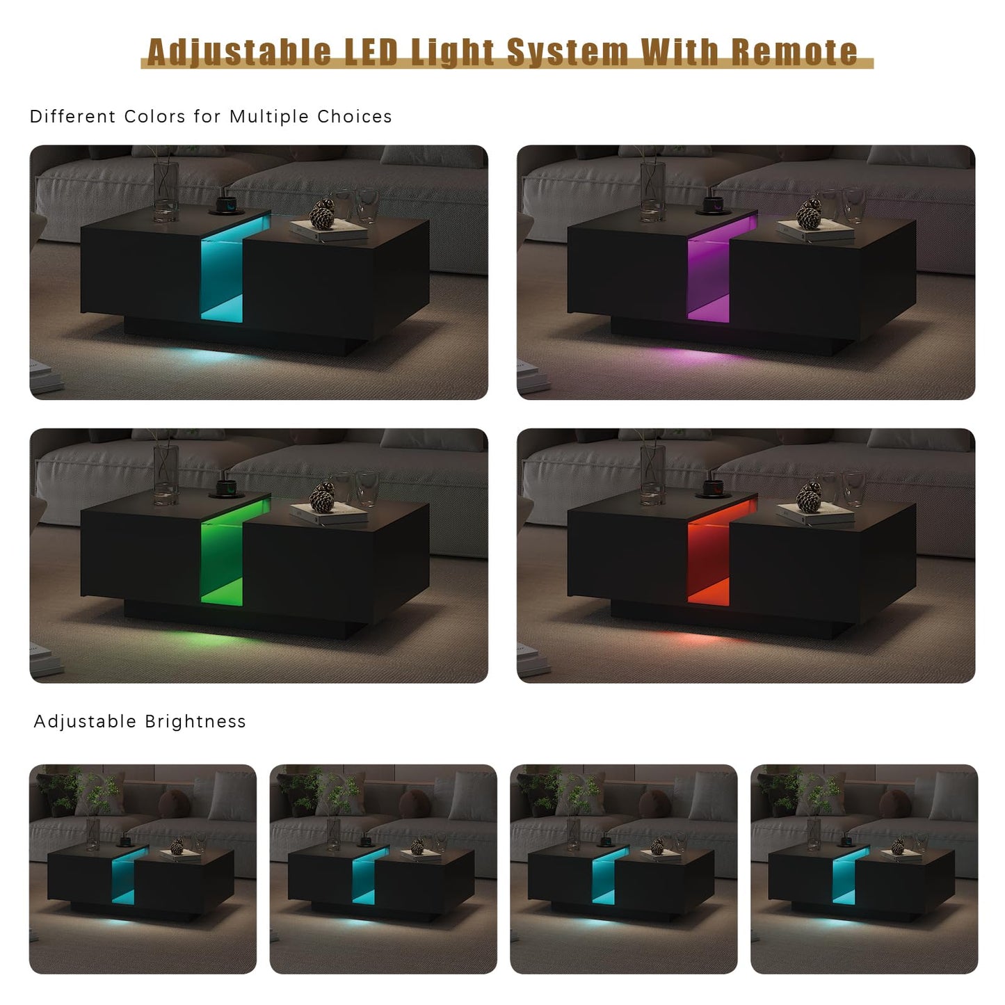 HedoAjim Black Led Coffee Table for Living Room, Rectangular Living Room Table with Storage, Acrylic Coffee Tables with 2 Sliding Drawers, Wood Center Table for Reception Dinning Room