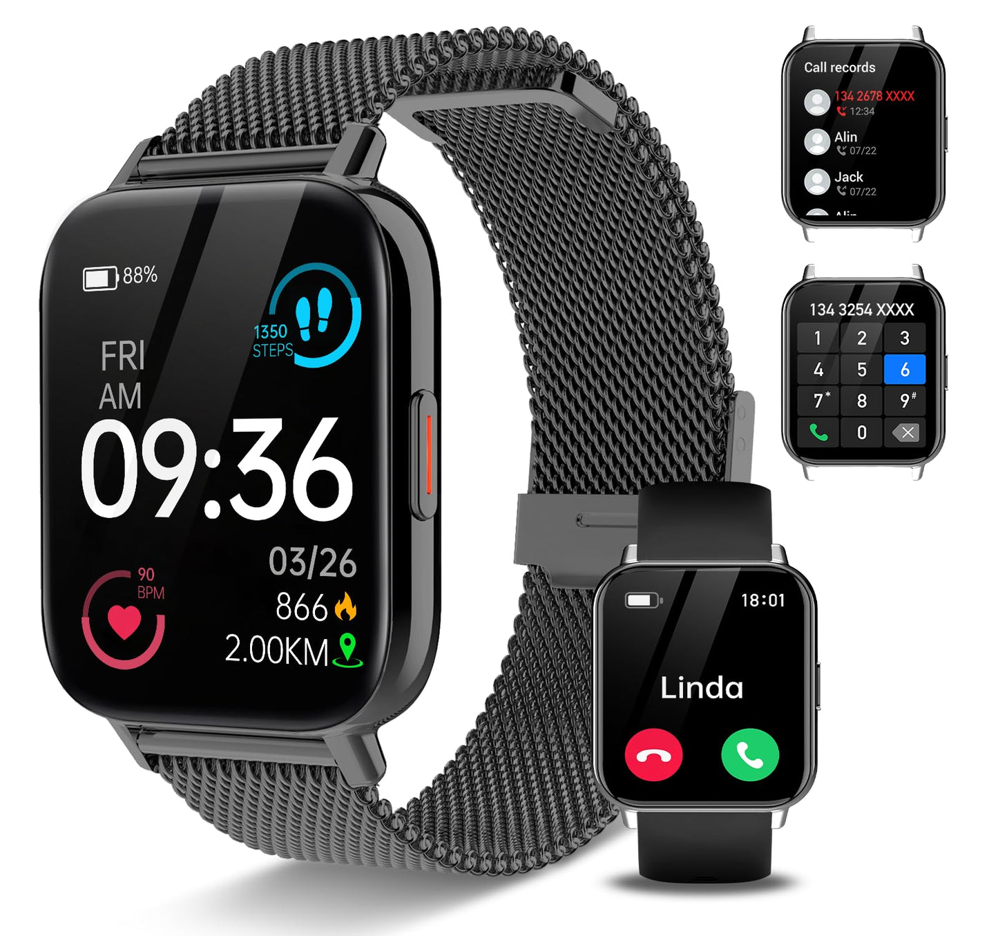 Smart Watch for Women Men(Answer/Dial Calls) 1.85" HD AI Voice Smartwatch with Fitness Tracker/Step Counter/Heart Rate Sleep Monitor, 120+ Sports Modes, IP68 Waterproof for Android/iOS Black 2 Bands