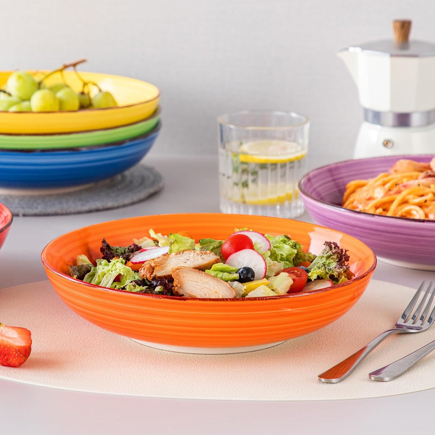 vancasso Bonita Pasta Bowls Set of 6, 50oz Large Salad Bowls for Kitchen, Corlorful Stoneware Serving Bowls Dishwasher & Microwave Safe