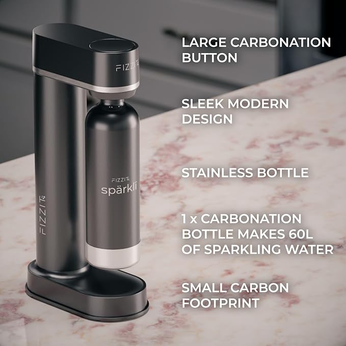 Stainless Steel Black Sparkling Water and Soda Maker Machine with 3 Black Stainless Steel 1L Re-Usable Bottle