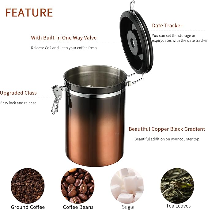 Coffee Canister, Airtight Coffee Container with Date Tracker Lid, Stainless Steel Canister for Kitchen Food Storage (Black-Copper, 9oz)