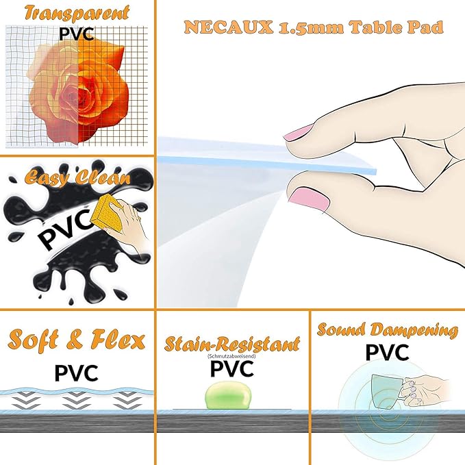 NECAUX Custom Multi-Size 1.5mm Thick Clear PVC Table Cover Protector - 30 x 72 Inch 6 Foot Pub Bar Desk Tabletop Countertop Topper Plastic Tablecloth Easy Clean Wipeable Placemats Protective Cover
