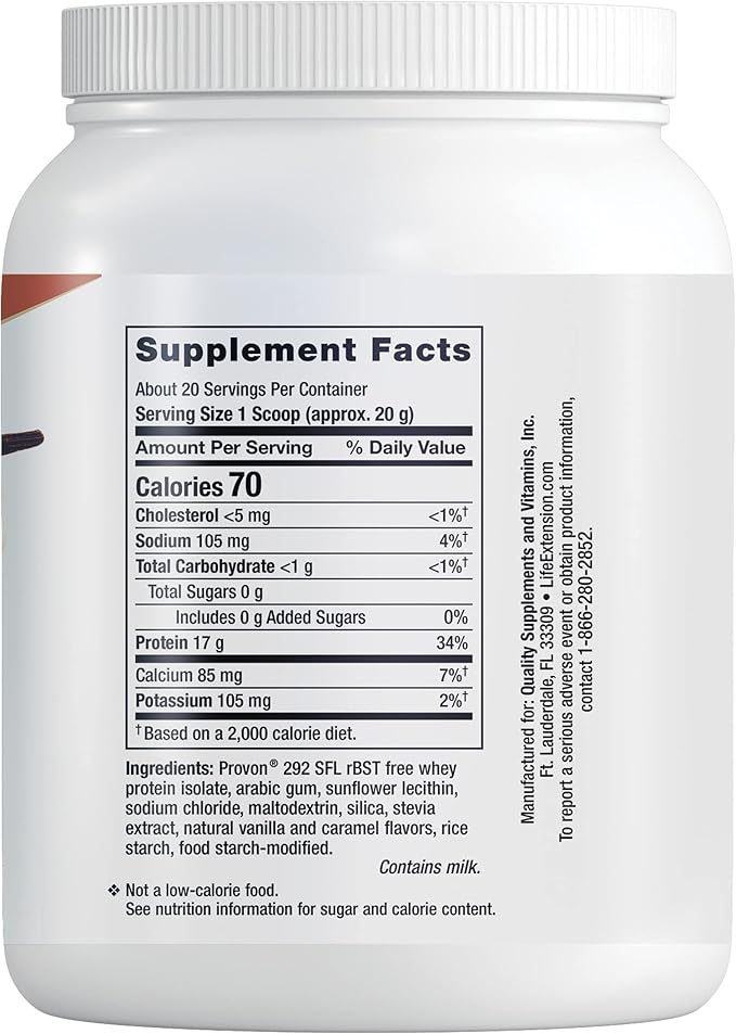 Life Extension Wellness Code® Whey Protein Isolate (Vanilla), Protein and branched-Chain Amino acids for Muscle Growth & Immune Health, no Sugar Added, Gluten Free, Non-GMO, 403 Grams (20 Servings)