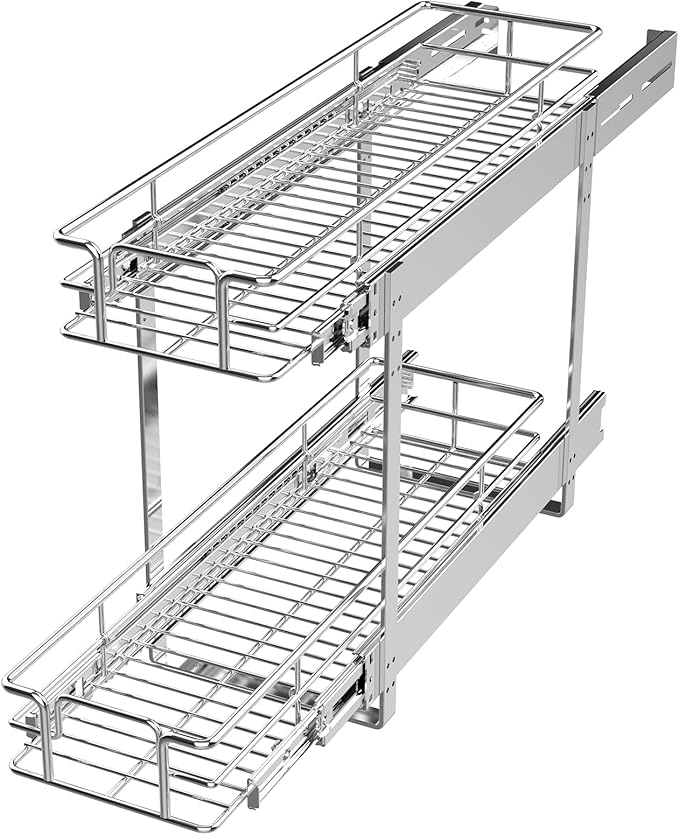 LOVMOR 2 Tier Individual Pull Out Cabinet Organizer 9" W x 21½" D, Slide Out Kitchen Cabinet Storage Sliding Shelves