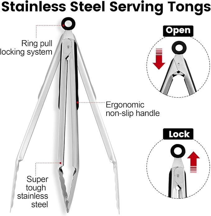 CHENGU12 Pack Stainless Steel Tongs 4/5/7inches Food Serving Clip Kitchen Cooking Tongs High Heat Resistant Clips for Cooking Non Stick Locking Grip for Ribs, Steak and Grill Salad