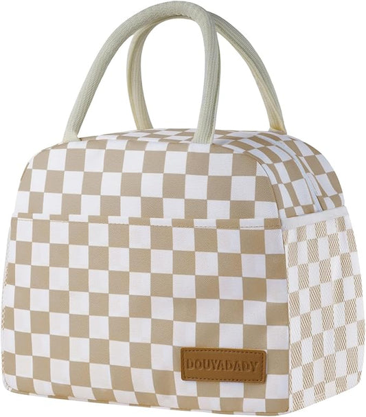 douyadady Lunch Bag Women/Men Lunch Box Women/Men (Khaki+White Checkerboard)