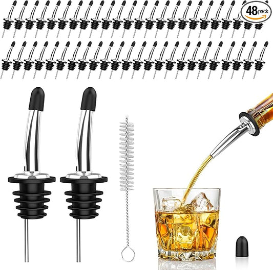 48-Pack Stainless Steel Pour Spouts for Liquor Bottles Oil Vinegar and Wine,Liquor Bottle Pourers with Rubber Dust Caps,Bar accessories,Pourers for Bartending