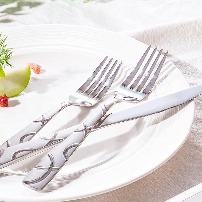 HIKAA 24PCS Stainless Steel Silverware Set with Steak Knives, Modern Flatware Set for Kitchen, Mirror Polished Cutlery Set with Forks, Spoons and Knives，Dishwasher Safe
