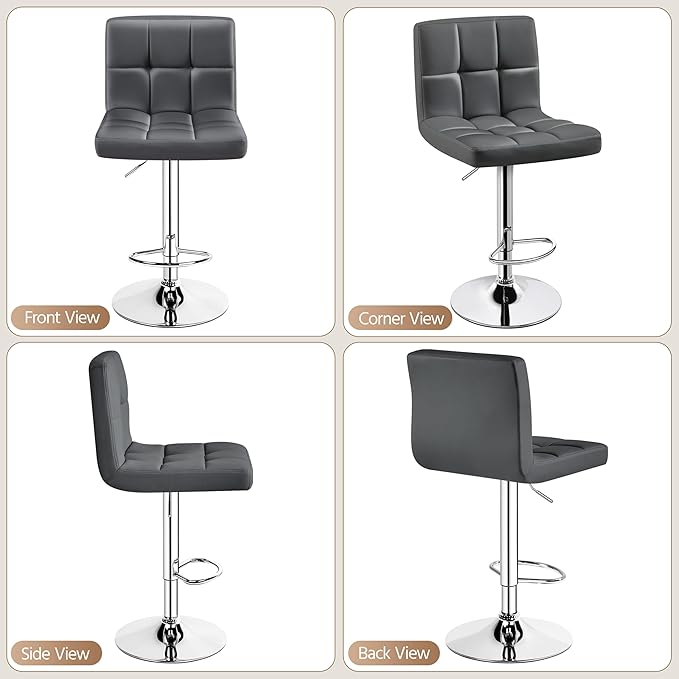 Yaheetech Bar Stools Set of 2, Adjustable PU Leather Swivel Barstools, Modern Counter Stools with Back and Footrest, Counter Height Barstools for Bar, Kitchen, Dining Room, Gray