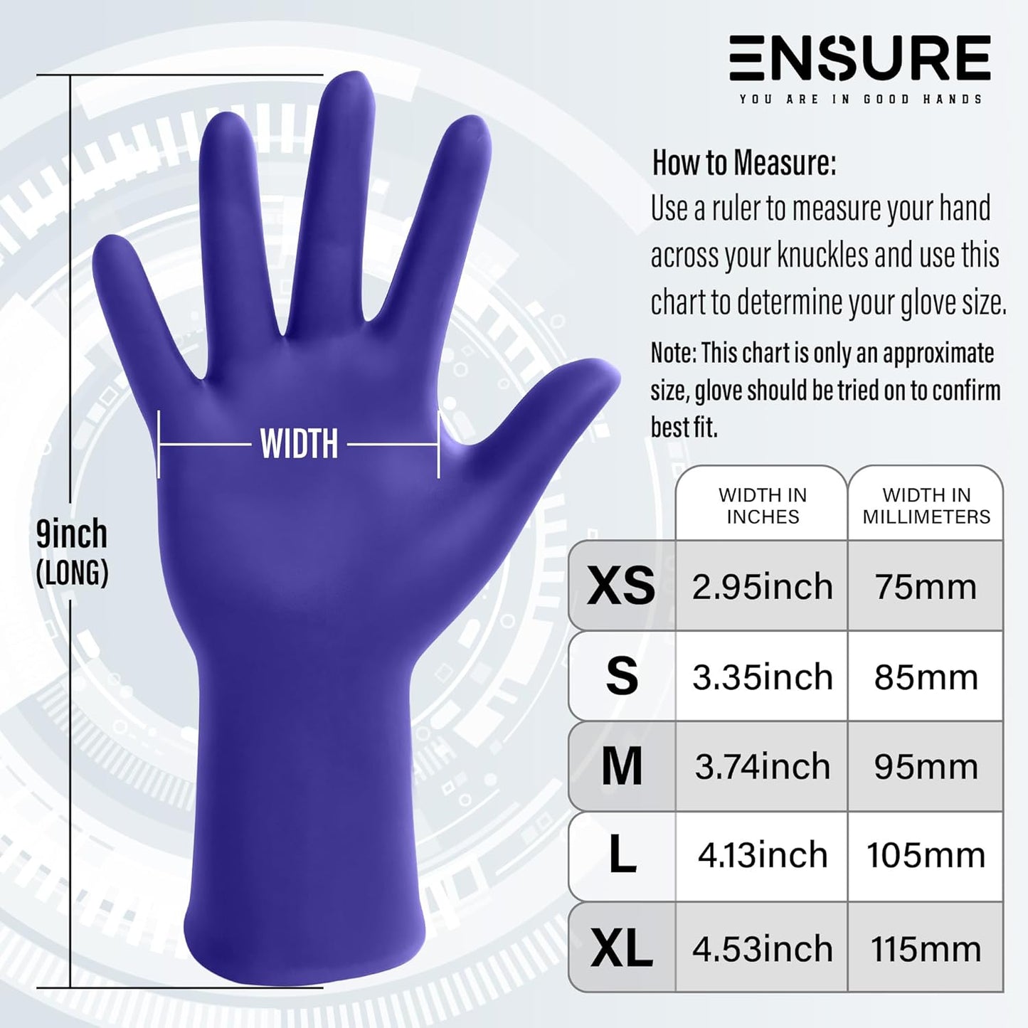 EnSure Nitrile Exam Gloves, Powder-Free, Latex-Free, Chemo Rated, Non-Sterile, Light Duty, Textured Tips, Medical, Surgical, Food Safe, Cleaning, Dental, Lab Use - 3 Mil (X-Small, 2000 Count)
