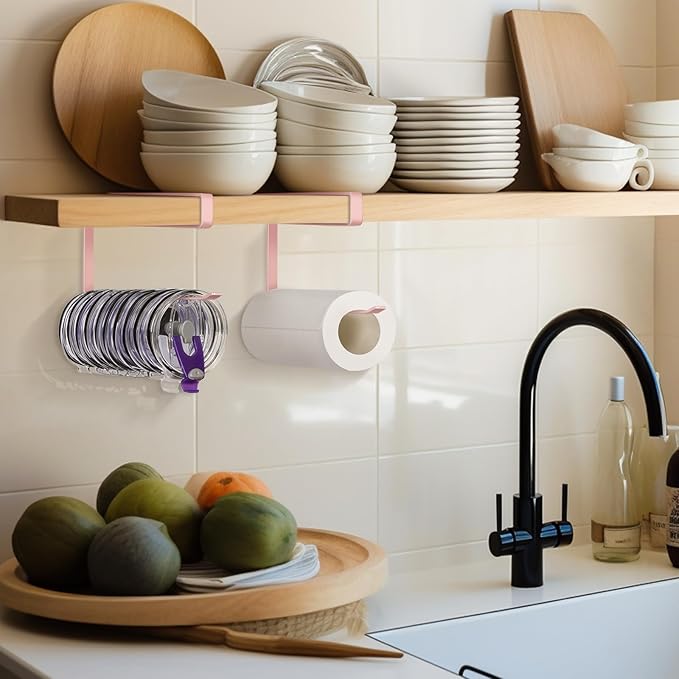 2 Pack Tumbler Lid Organizer, Horizontal Tumbler Lid Storage Hook to Hold Up 20 Lids, Space Saving Cup Lid Holders Under Cabinet Tumbler Lid Hook for Kitchen Organizer, Paper Towel Rack Hanger (Pink)