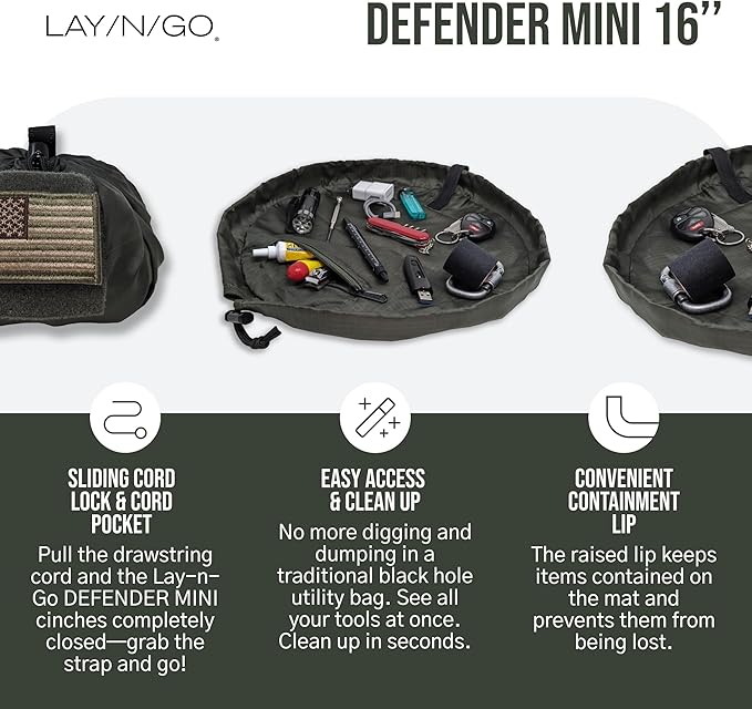 Lay-n-Go Defender Tactical Bag for Gear - Multifunctional Lay-Flat Military Tactical Travel Sack w/Zippered & Mesh Pockets - Water-Resistant, Machine-Washable Utility Tool Bag (16", Combat Green)