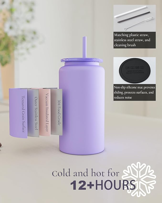 Glass Cups With Lids and Straws, 16oz Stainless Steel Beer and Iced Coffee Cup, Smoothie Drinking Cup, Brown (Textured Matte Finish, Not Sublimatable)