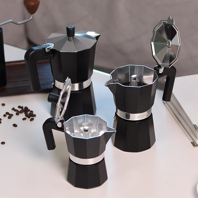 Sivaphe Aluminum Moka Pot 6 Espresso Cups, Percolator Espresso and Coffee Maker, Portable Stovetop Italian and Cuban Café Brewer for Home and Camping Black