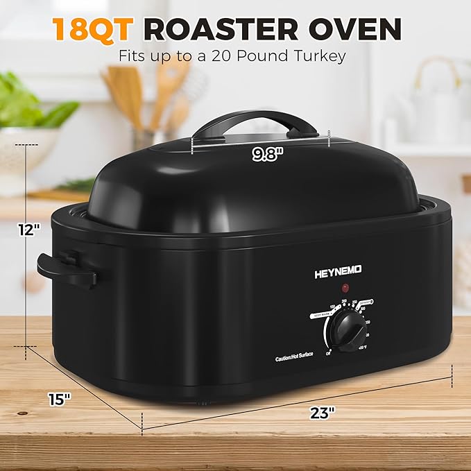 18 Quart Roaster Oven with Self-Basting Lid, Electric Turkey Roaster Oven with Defrost & Warm Function, Adjustable Temperature, Removable Pan & Rack, Stainless Steel, Black