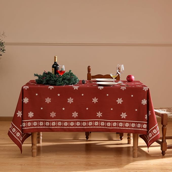 ISAENNE Designer Christmas Red Square Tablecloth,Linen Table Cloth with Snowflakes Pattern,Wrinkle Resistant Decor Tablecloths for Dining Kitchen Thanksgiving Christmas,67"*67"-Carol C