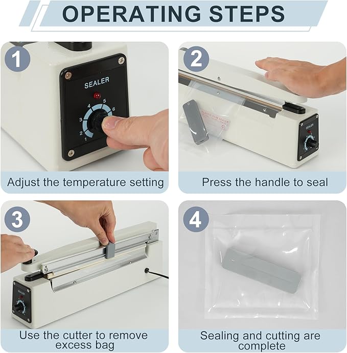 Impulse Heat Sealer with Sealing Bar: Heavy-Duty Bag Sealer with Extra Cutting Blade (White, 8-Inch)