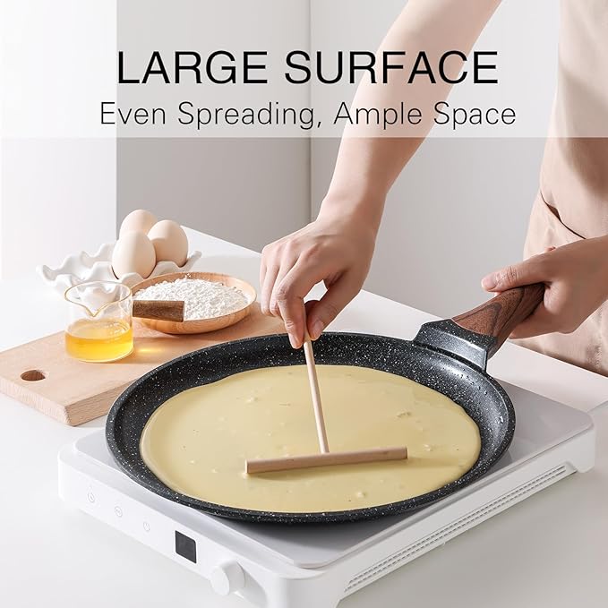 Kordisen Crepe Pan Nonstick, 10 Inch Dosa Pan with Spreader, Granite Coating Comales Para Tortillas Pancake Pan, Flat Pan for Stove Top, Induction Compatible, PFOA Free