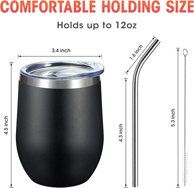 COMOOO 12oz Stainless Steel Wine Tumbler Lid and Straw, Double Wall Vacuum Insulated Wine Tumbler Cup, Stemless Wine Tumbler for Cold and Hot Drinks, Coffee, Wine, Cocktails, Black,16 pack