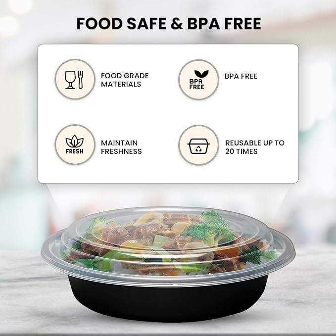 Klex 12 Oz, 50 Sets Meal Prep Containers with Airtight Lids, BPA Free, Reusable Plastic Food Container, 12 oz, Round, Black/Clear, 50 Sets