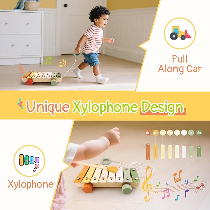 Wooden Musical Instruments for Toddlers 2+ Year Old Montessori Xylophone Maracas Clapper Rattles Trumpet Baby Musical Toys with Storage Bag Gifts for Boys Girls