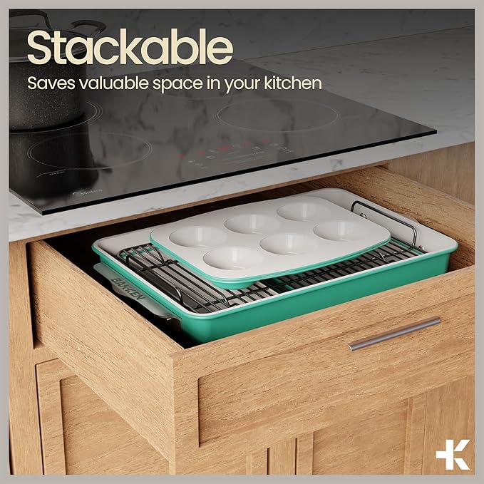 Bakken 8-Piece Stackable Bakeware Set - Ceramic Non-Stick Coating, Baking Sheets, Assorted Baking Pans, PTFE, PFOA & PFOS Free - Healthy Baking, Ergonomic Handles, Cooling Rack, Non-Toxic, Oven-Safe