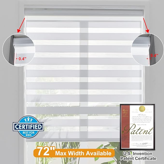 Persilux Cordless Zebra Shades (47" W X 72" H, White) Free-Stop Window Shades Dual Layer Light Control for Day and Night, Light Filtering Sheer Blinds for Windows, Easy to Install