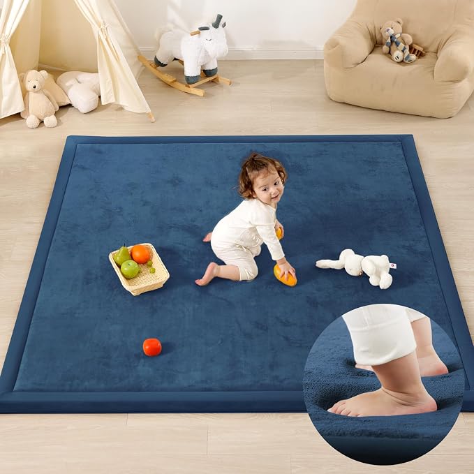 1.3" Thick Baby Play Mat for Floor Playpen, 71x79 Large Foam Tummy Time Mat, Padded Support Soft Plush Nursery Rug for Infant Kids Toddler Crawling Kick Activity (Royal Blue)