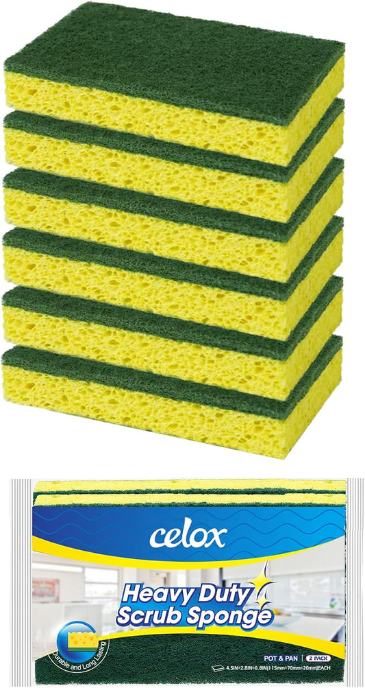 CELOX 6 Pack Dish Sponge for Kitchen, Dual Sided Scrub Heavy Duty, Non Scratch Sponges Perfect for Dishwashing and Household Cleaning, Highly Absorbent and Easy to Dry for Reuse