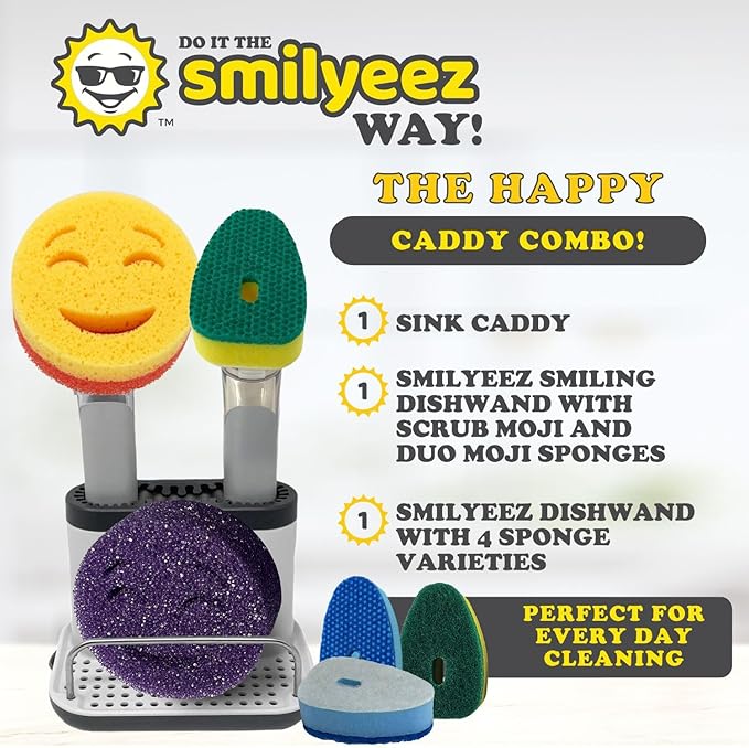 The Original Smiling Handle with Soap Dispensing for Scrub Daddy (Reg. TM) Sponges and Scrub Moji Sponge with Smilyeez Caddy, Dishwand, and 2 Scrub Mojis (Light Blue)