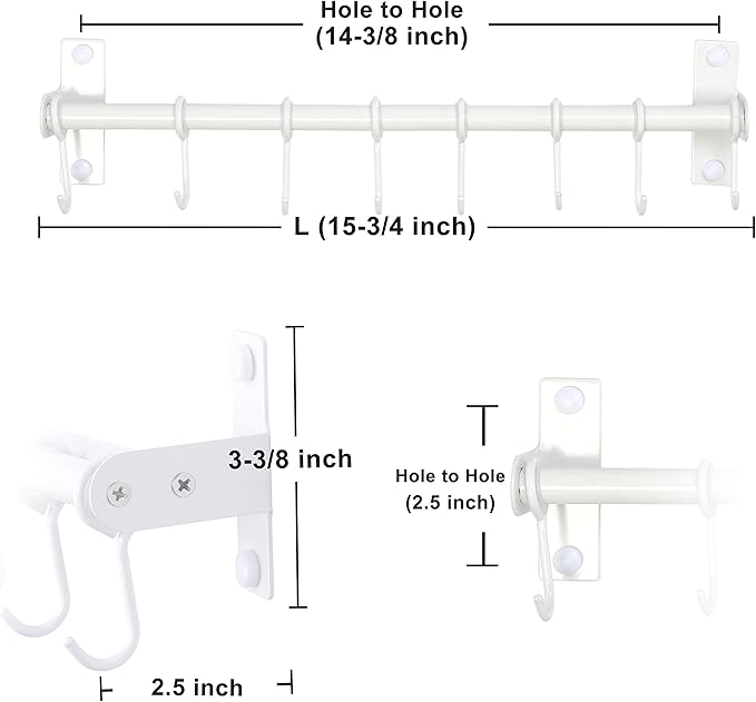 Dseap Pot Rack - Pots and Pans Hanging Rack Rail with 8 Hooks, Double Bars, Pot Hangers for Kitchen, Wall Mounted, White, 2 Packs