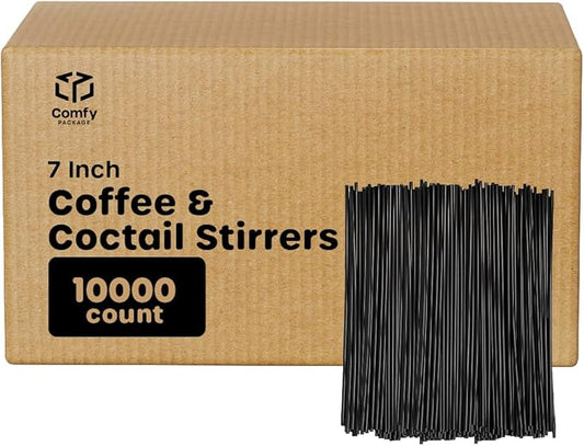 Comfy Package [7 Inch - Case of 10,000] Black Coffee Drink Stirrers & Cocktail Straws - Disposable Plastic Sip Stir Sticks for Hot & Cold Beverages