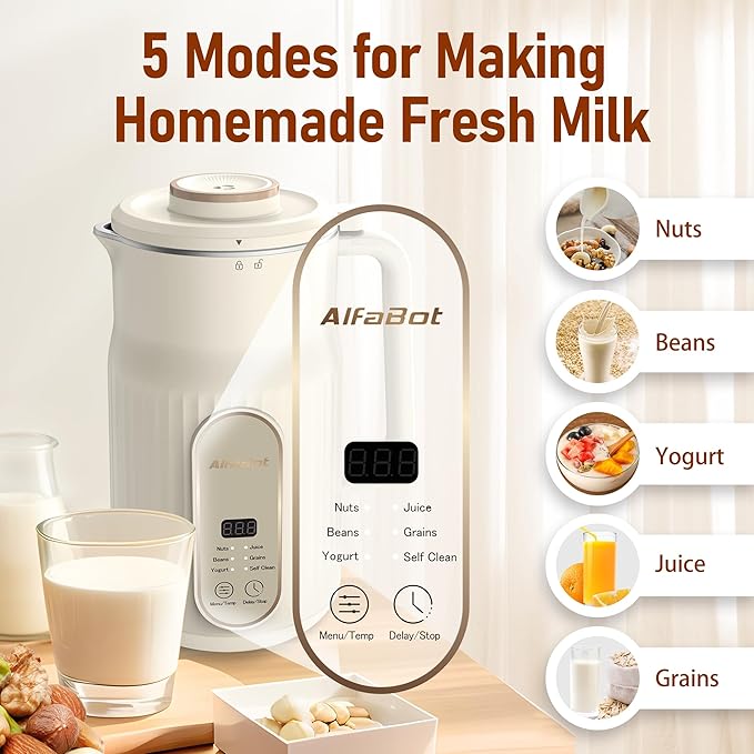Nut Milk Maker, AlfaBot N2 Automatic Almond Milk Machine for Homemade Plant-Based Milk, Oat, Soy, Yogurt, 5 Modes/35OZ Big Capacity Soy Milk Maker with Delay Setting and Self Cleaning (Cream)