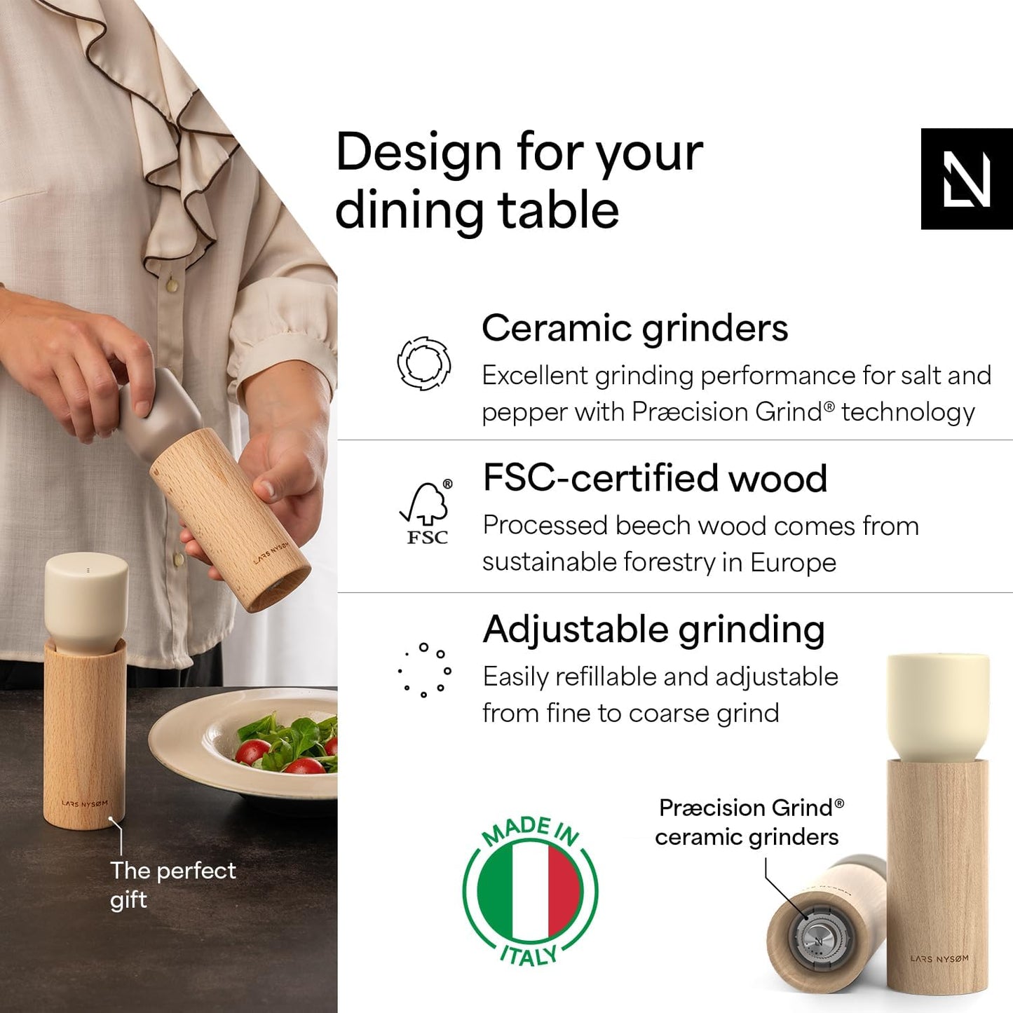 LARS NYSØM Wooden Salt and Pepper Grinder Set Manual - Salt and Pepper Mills with Adjustable Ceramic Grinder - Elegant Beechwood Pepper and Salt Mill Set for Dining Table (Brown/Beige)