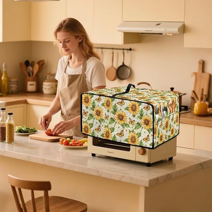 Countertop Convection Oven Cover Dust-Proof Toaster Oven Cover with Accessories Pockets, Countertop Convection Oven Protector, S, Sunflower Butterfly Retro Letter Print