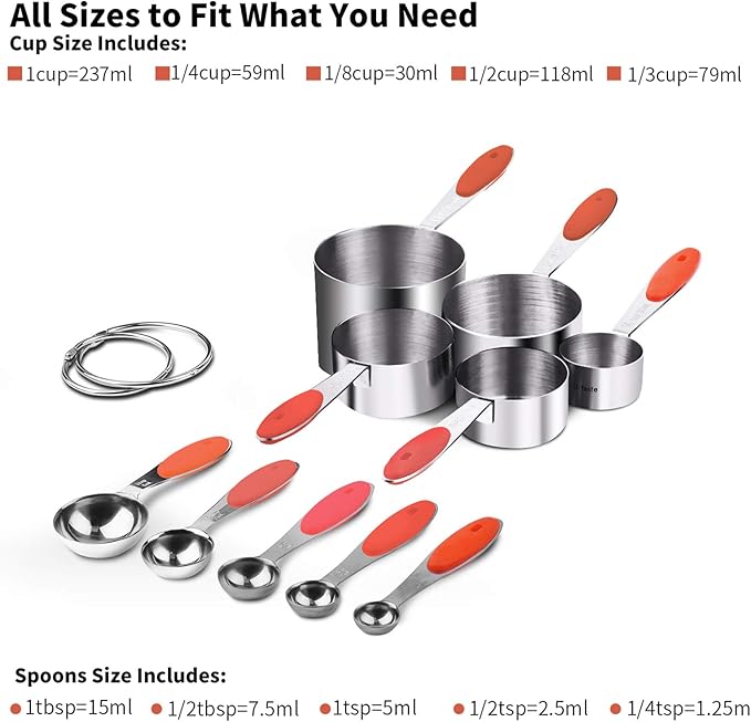U-Taste 18/8 Stainless Steel Measuring Cups and Spoons (Set of 10, Red), and 18/8 Stainless Steel 600ºF Heat Resistant 11.38in Flexible Non-Stick Spatula & Spoon Spatula (Red)