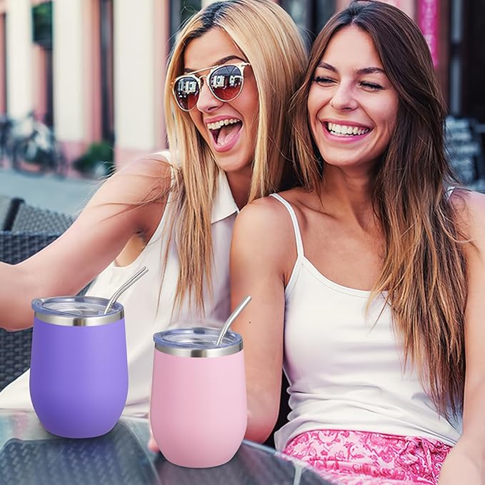 COMOOO Stainless Steel Wine Tumbler 4 Pack with Lid and Straw 12oz Double Wall Vacuum Insulated Travel Tumbler Cup Stemless for Hot and Cold Drinks, Coffee, Wine, Cocktails, Purple