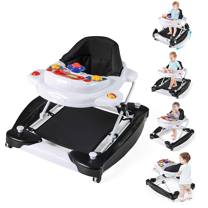 BABY JOY 6-in-1 Baby Walker, Foldable Baby Walker with Wheels, Adjustable Height, Music, Lights, Bouncer & Rocker Mode, Baby Walkers for Boys Girls 6-14 Months (Black)